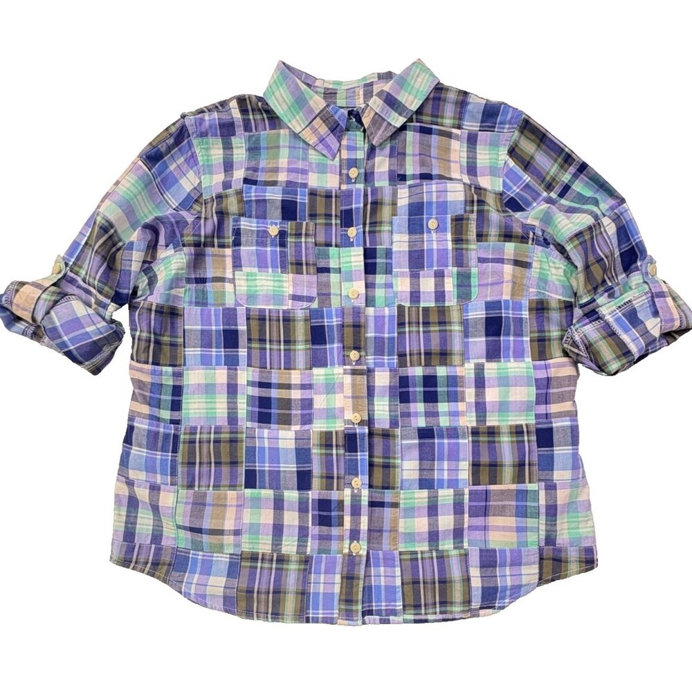 LL Bean Madras Patchwork Plaid Shirt Petite Roll Tab Sleeve Cottage MP - Picture 9 of 16
